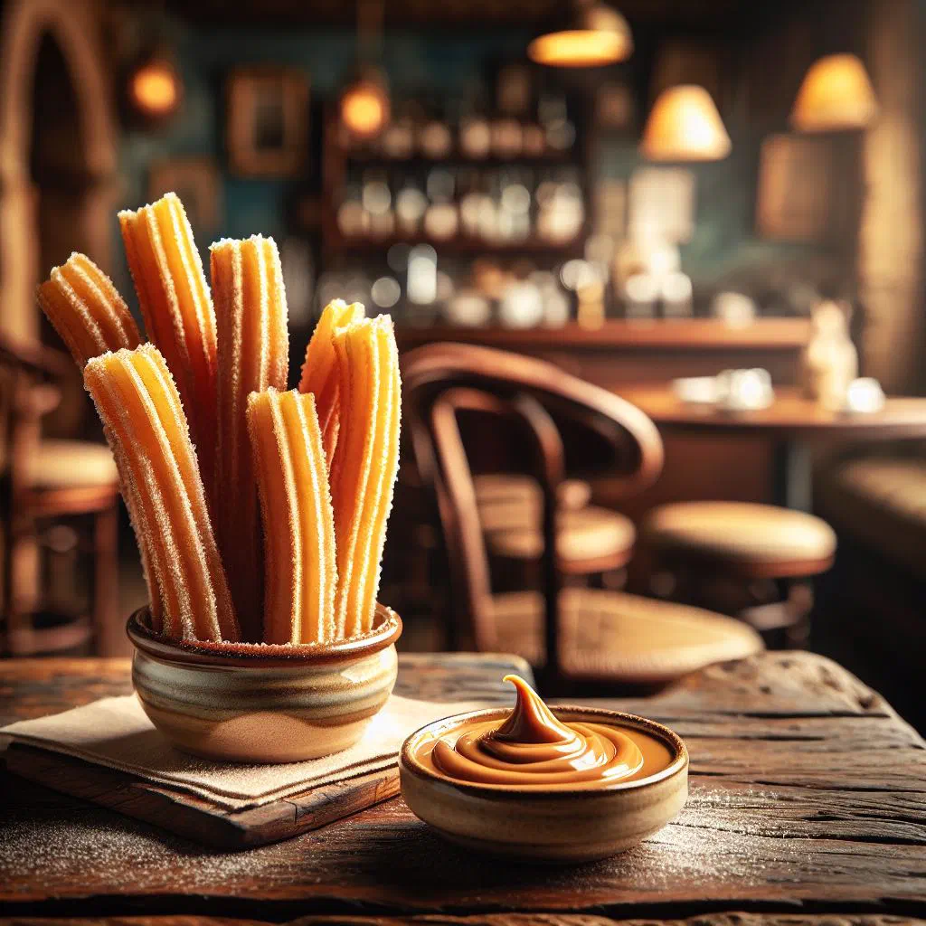 Golden fried churros filled with dulce de leche and dusted with cinnamon sugar