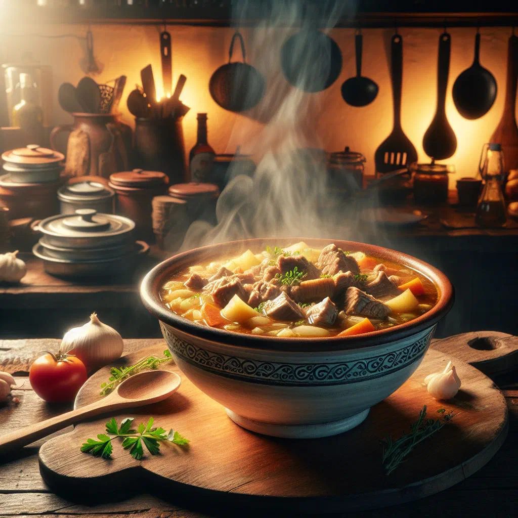 Hearty Uruguayan cocido beef and vegetable stew served in a deep bowl