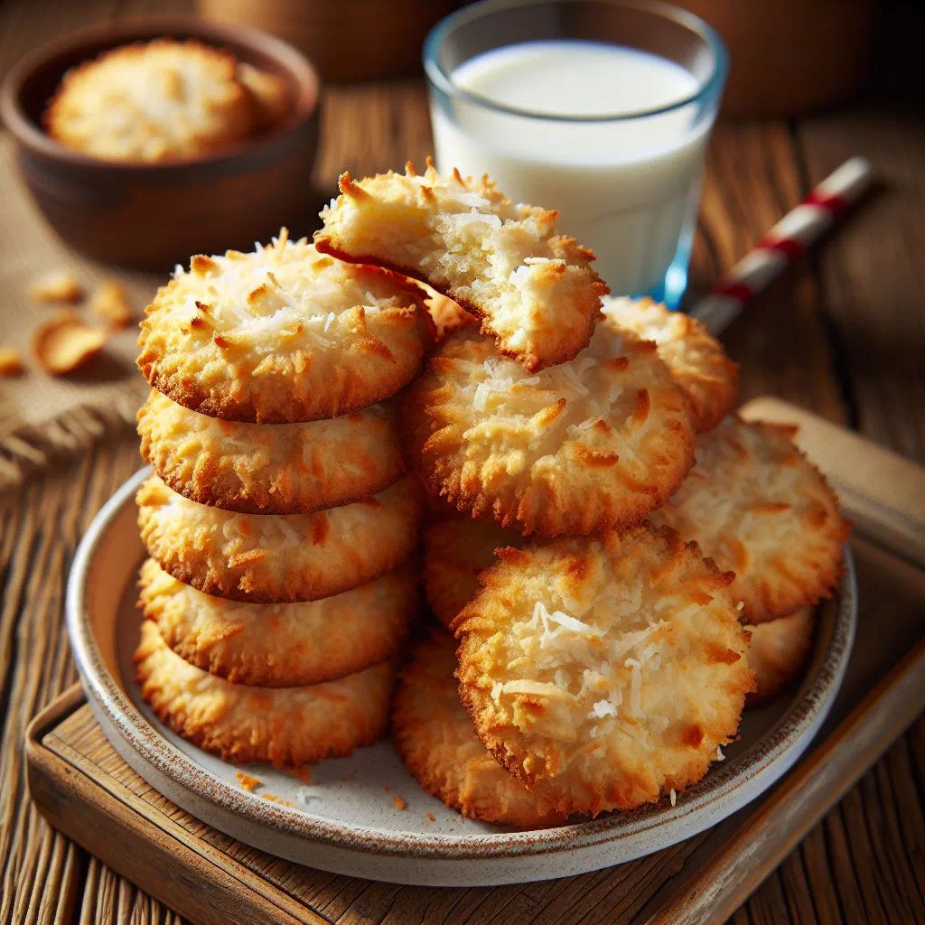 Golden coconut biscuits cooling on a wire rack