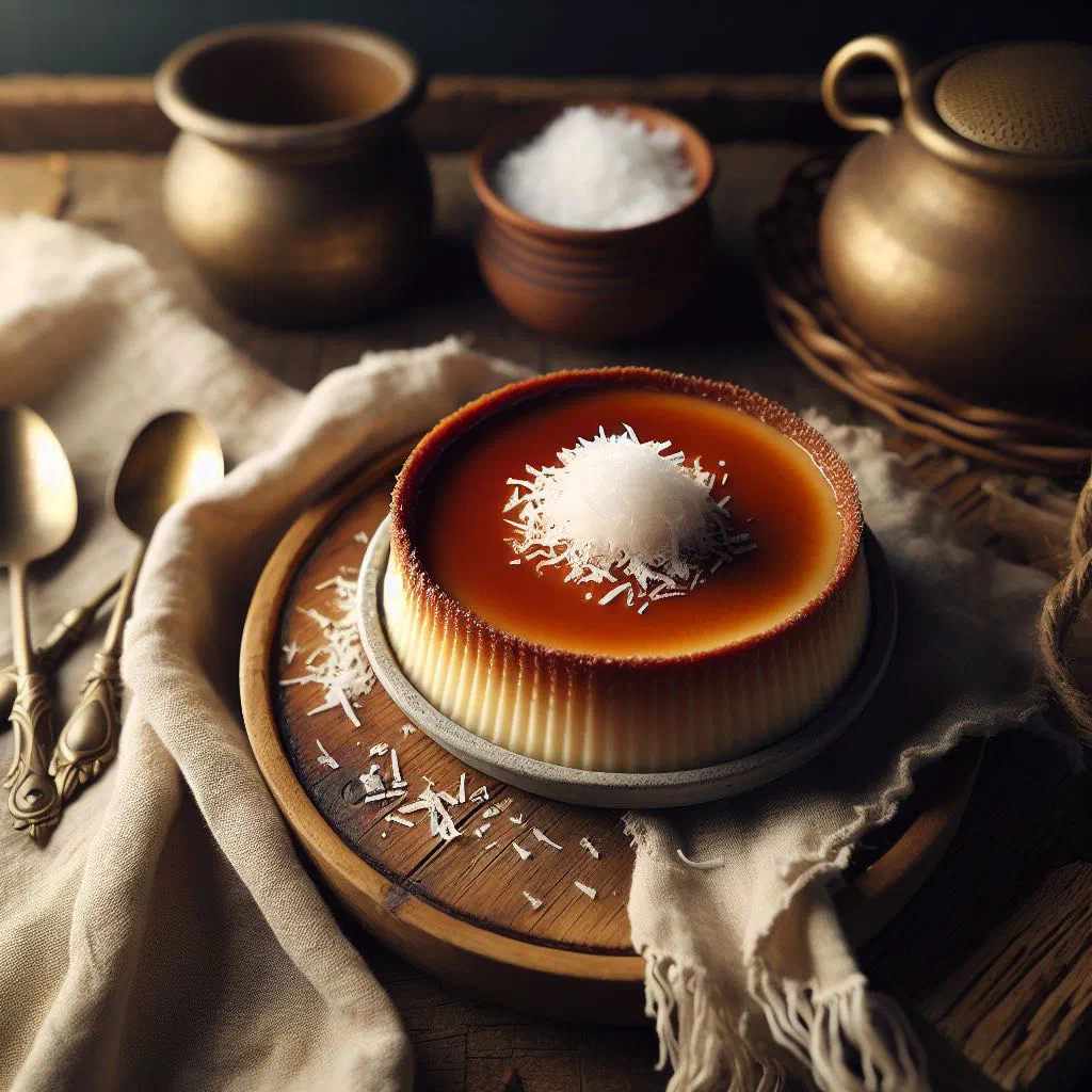 Coconut flan turned out onto a plate with golden caramel sauce