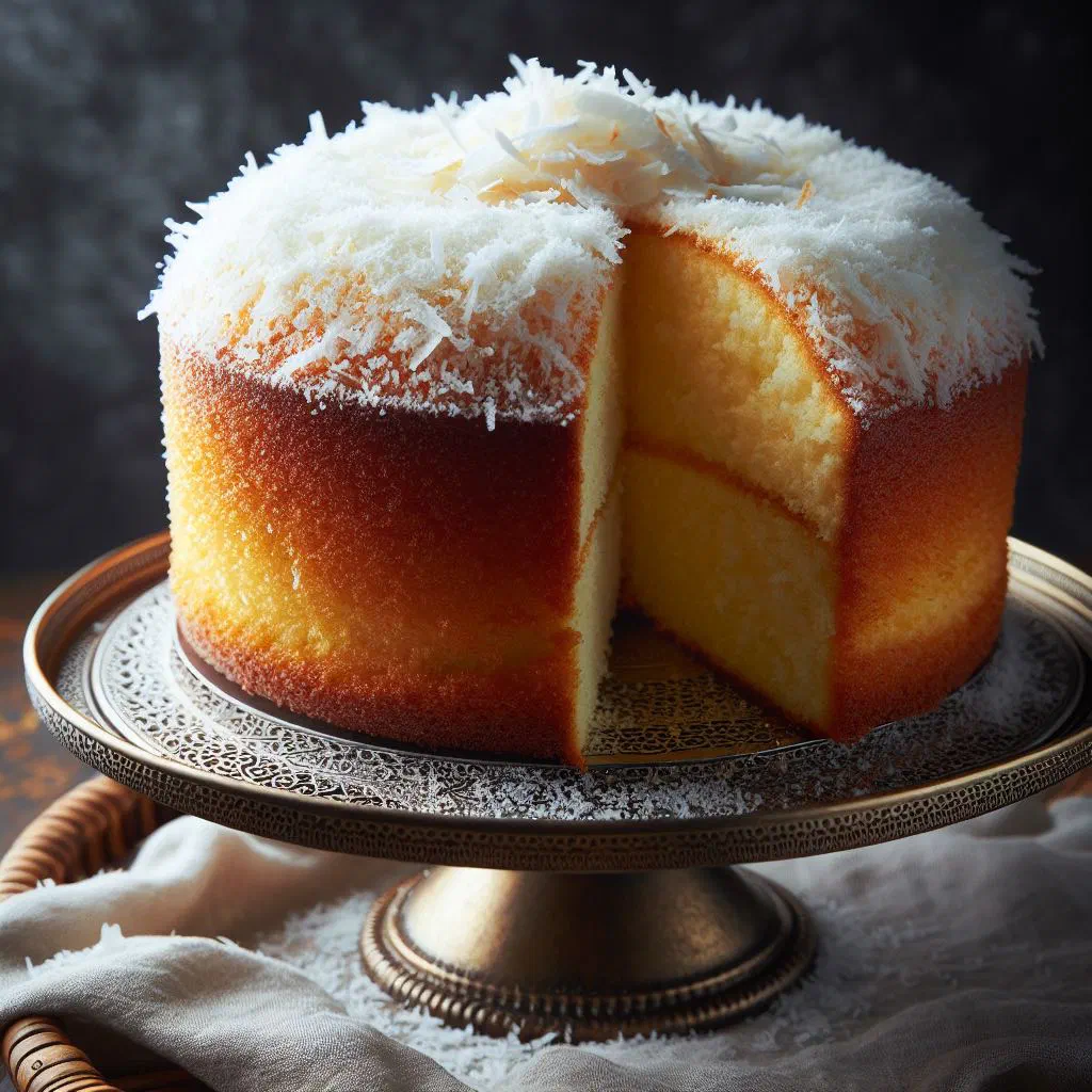 Slices of golden Uruguayan coconut sponge cake on a plate