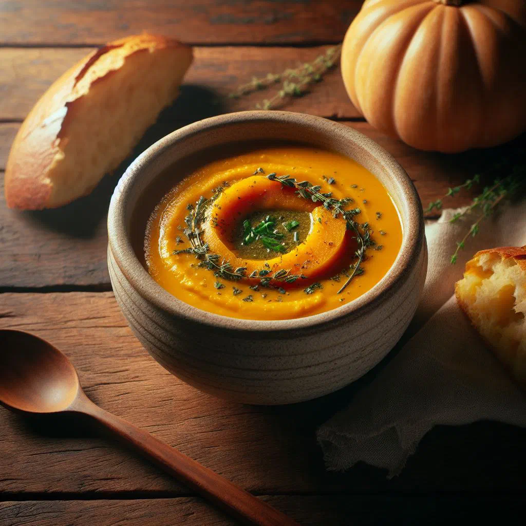 Bowl of creamy pumpkin soup garnished with herbs and a swirl of cream