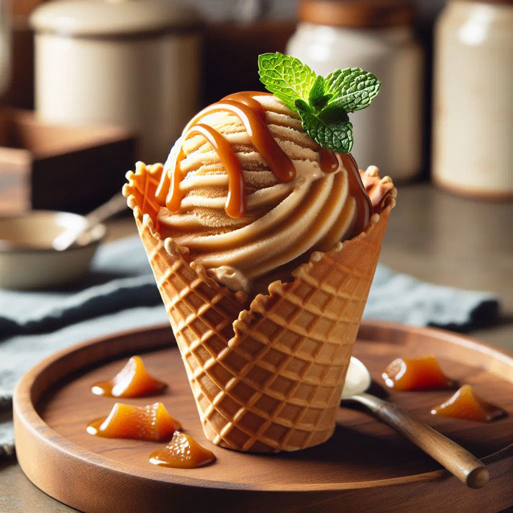 Scoops of creamy homemade dulce de leche ice cream in a bowl