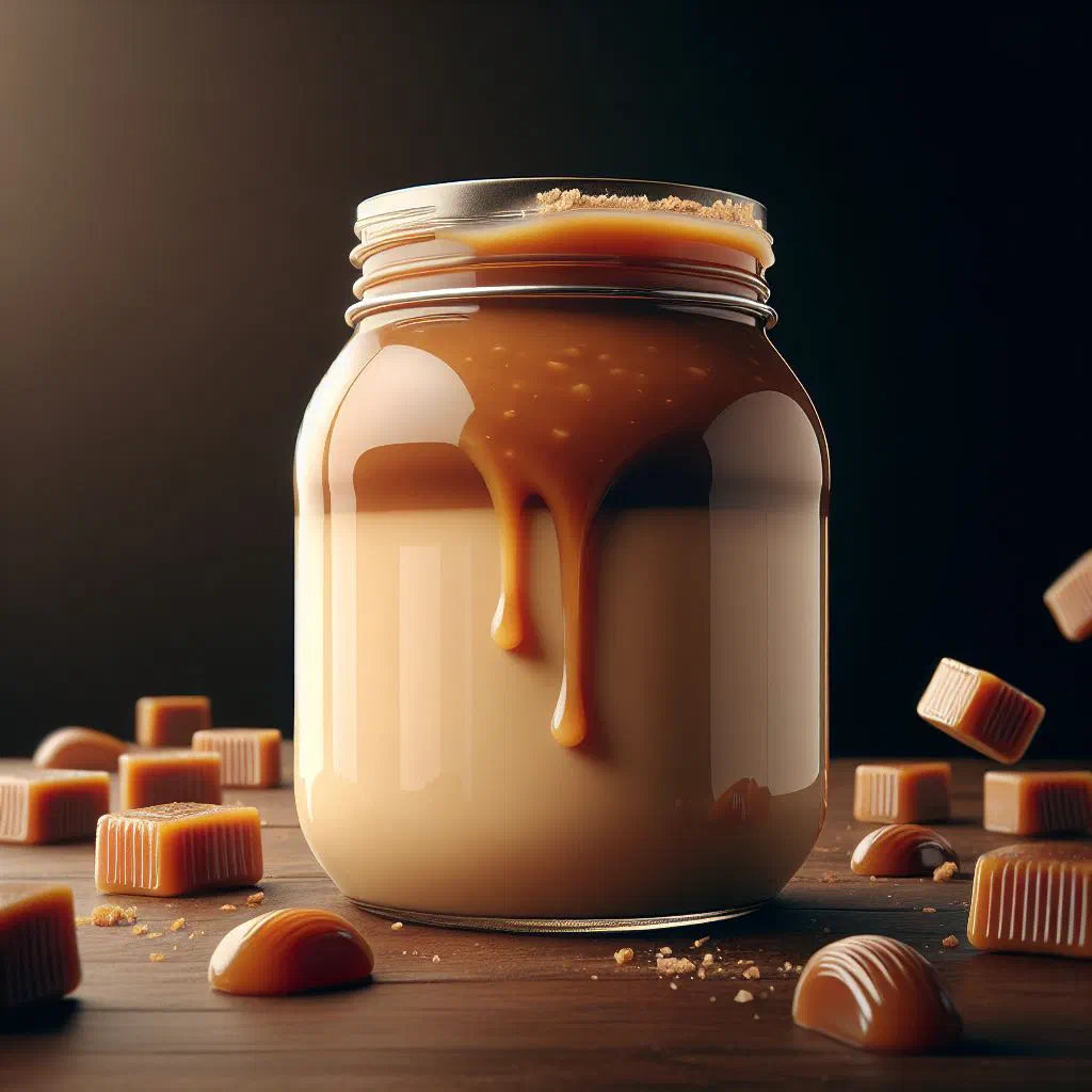 A jar of thick, glossy dulce de leche caramel