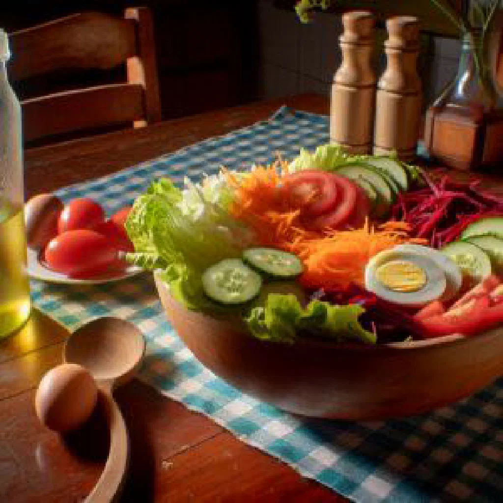 A bowl of mixed salad with lettuce, tomato, cucumber, onion and ham