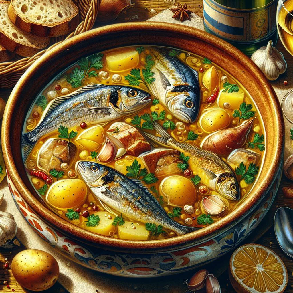 Bowl of Uruguayan fish soup with vegetables and fresh parsley