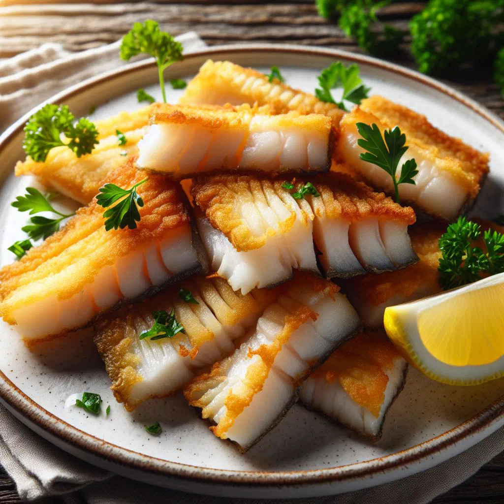 Golden, crispy breaded fried hake slices on a plate with lemon