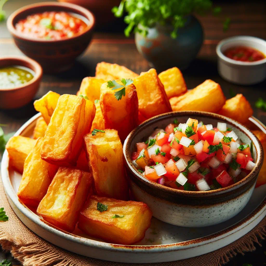 Golden fried yuca sticks served with a bowl of fresh tomato and lime salsa
