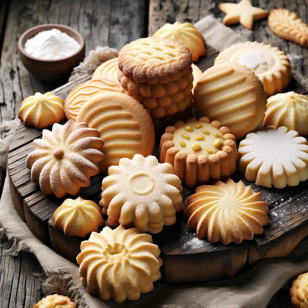 Golden cornflour cookies dusted with sugar and filled with jam