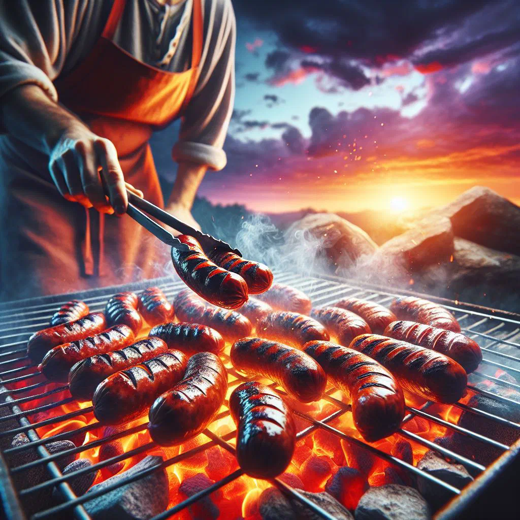 Grilled chorizo sausages charring over an open barbecue fire