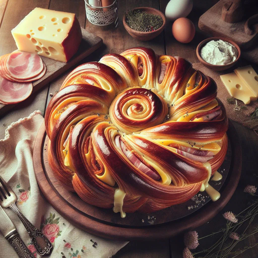 Sliced rolled ham and cheese bread with a golden crust