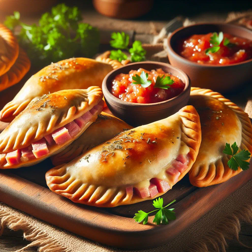 Golden ham and cheese empanadas on a plate