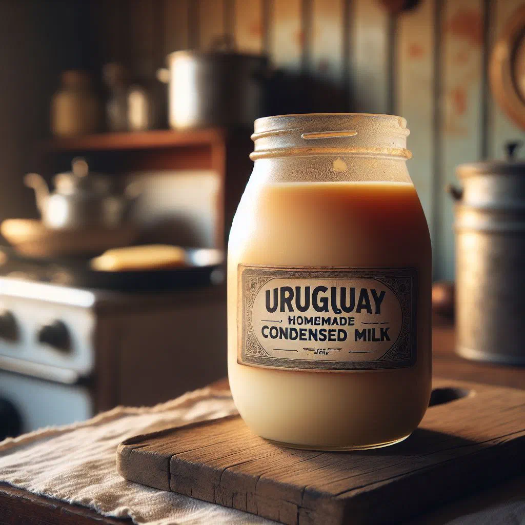 Homemade condensed milk poured into a glass jar with a spoon