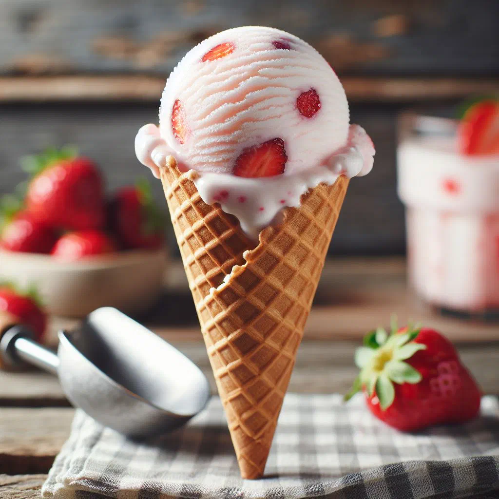 Scoops of homemade strawberry ice cream topped with fresh strawberries