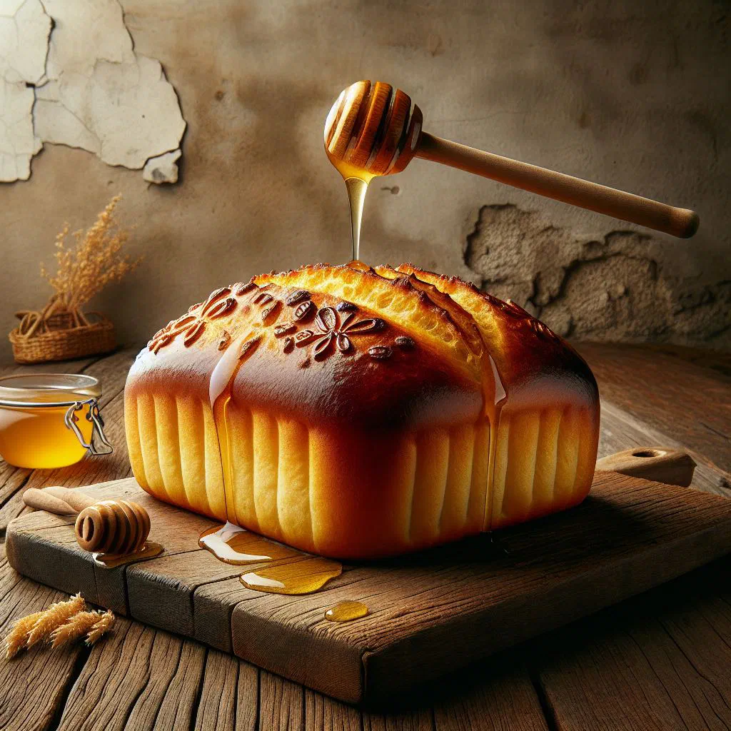 Golden honey bread sliced and arranged on a plate