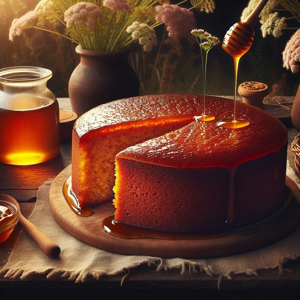 Slice of golden Uruguayan honey cake dusted with icing sugar