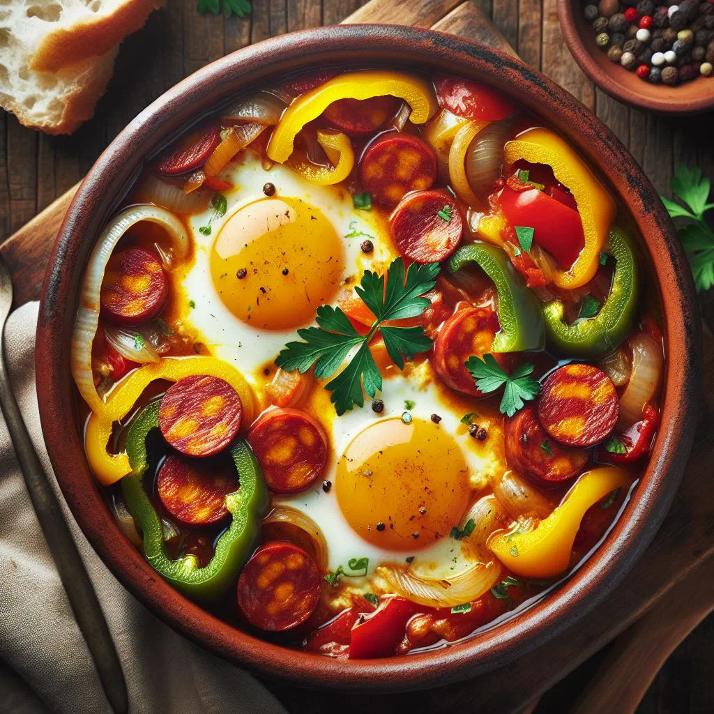 Eggs poached in a fresh tomato sauce, garnished with parsley