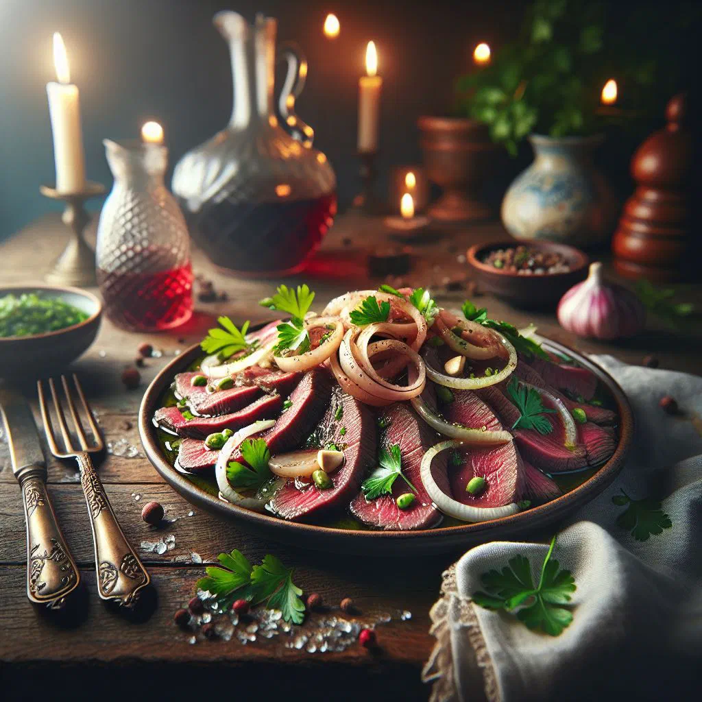 Sliced beef tongue dressed in vinaigrette with fresh herbs