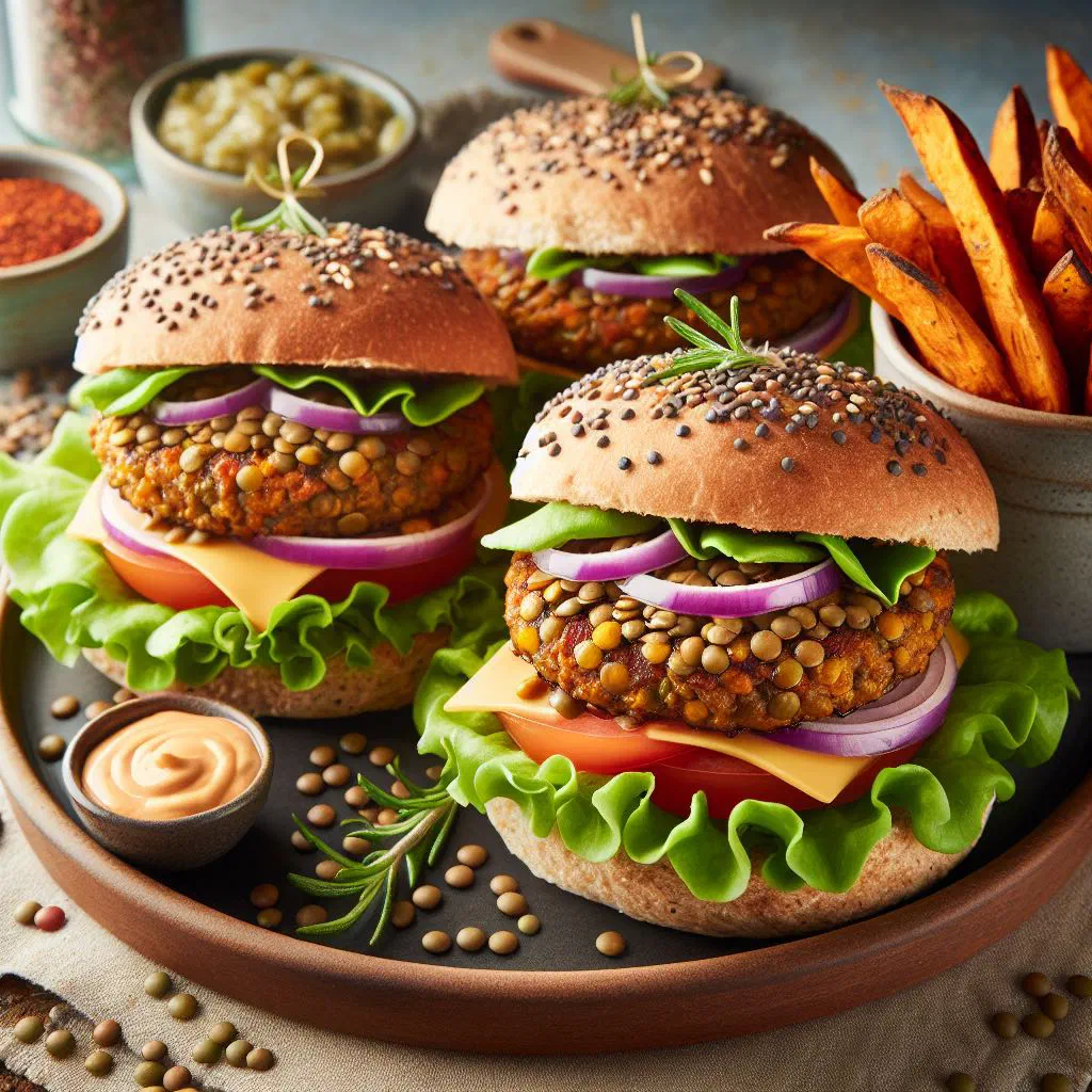 Golden lentil burger patties served on a fresh roll with vegetables