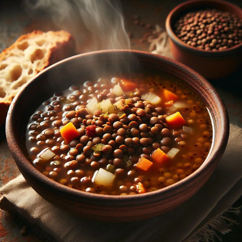 A bowl of Uruguayan lentil soup garnished with fresh parsley