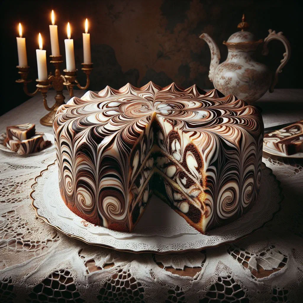 Sliced Uruguayan marble cake showing swirled chocolate and vanilla sponge