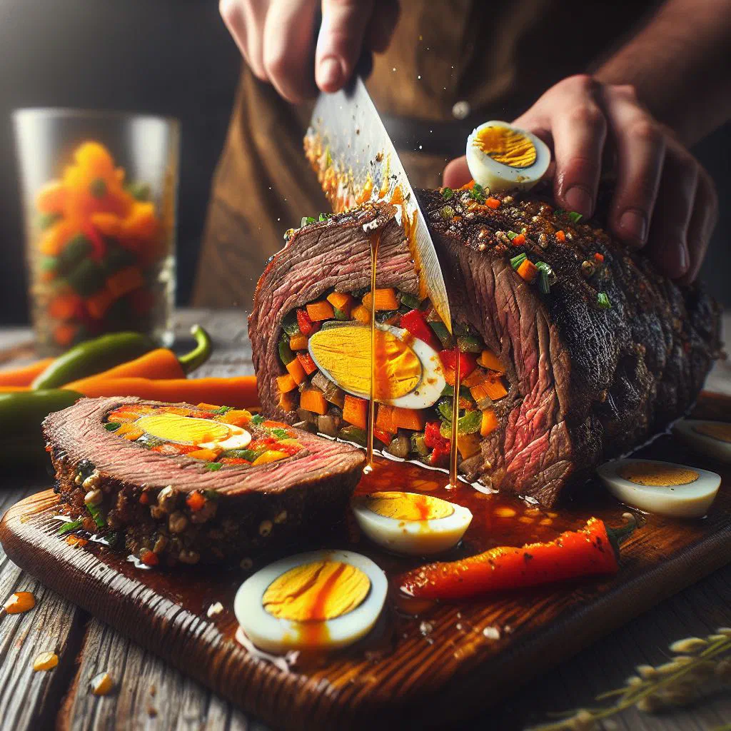 Sliced matambre relleno revealing a colourful vegetable and egg filling