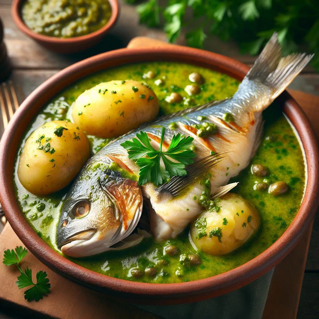 Merluza en salsa verde, white fish fillet served in a green herb sauce with lemon