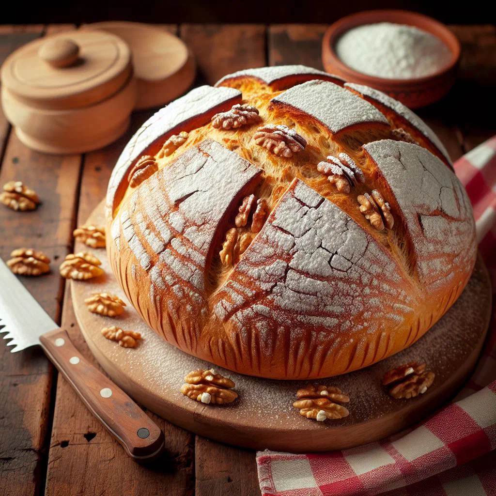 Sliced Pan de Nuez walnut cake dusted with icing sugar