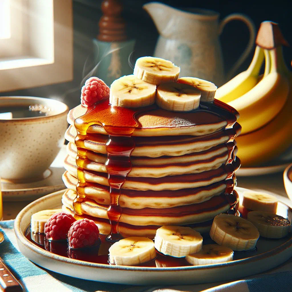 A stack of golden banana pancakes dusted with icing sugar and fresh fruit