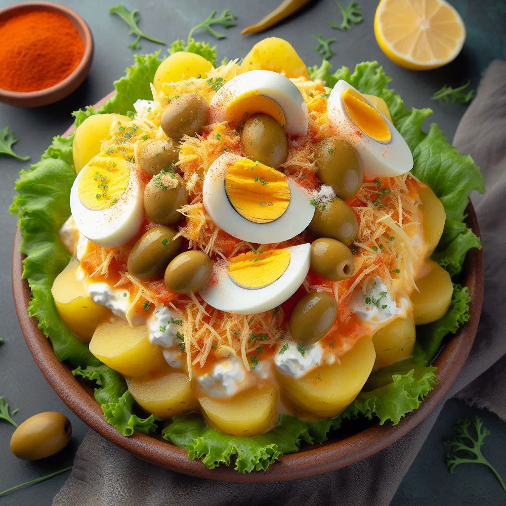 Boiled potato slices topped with creamy yellow Huancaína sauce and parsley