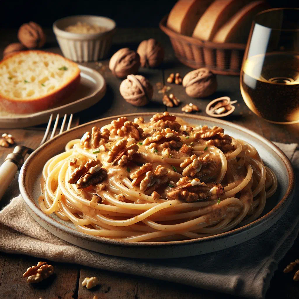 Fresh tagliatelle coated in creamy walnut sauce, topped with parmesan and parsley