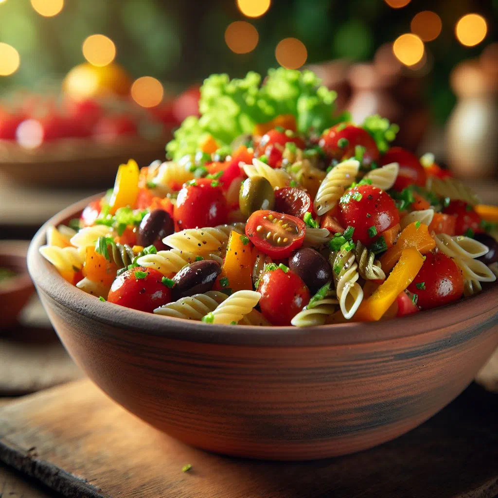 Colourful Uruguayan pasta salad with cherry tomatoes, olives and feta