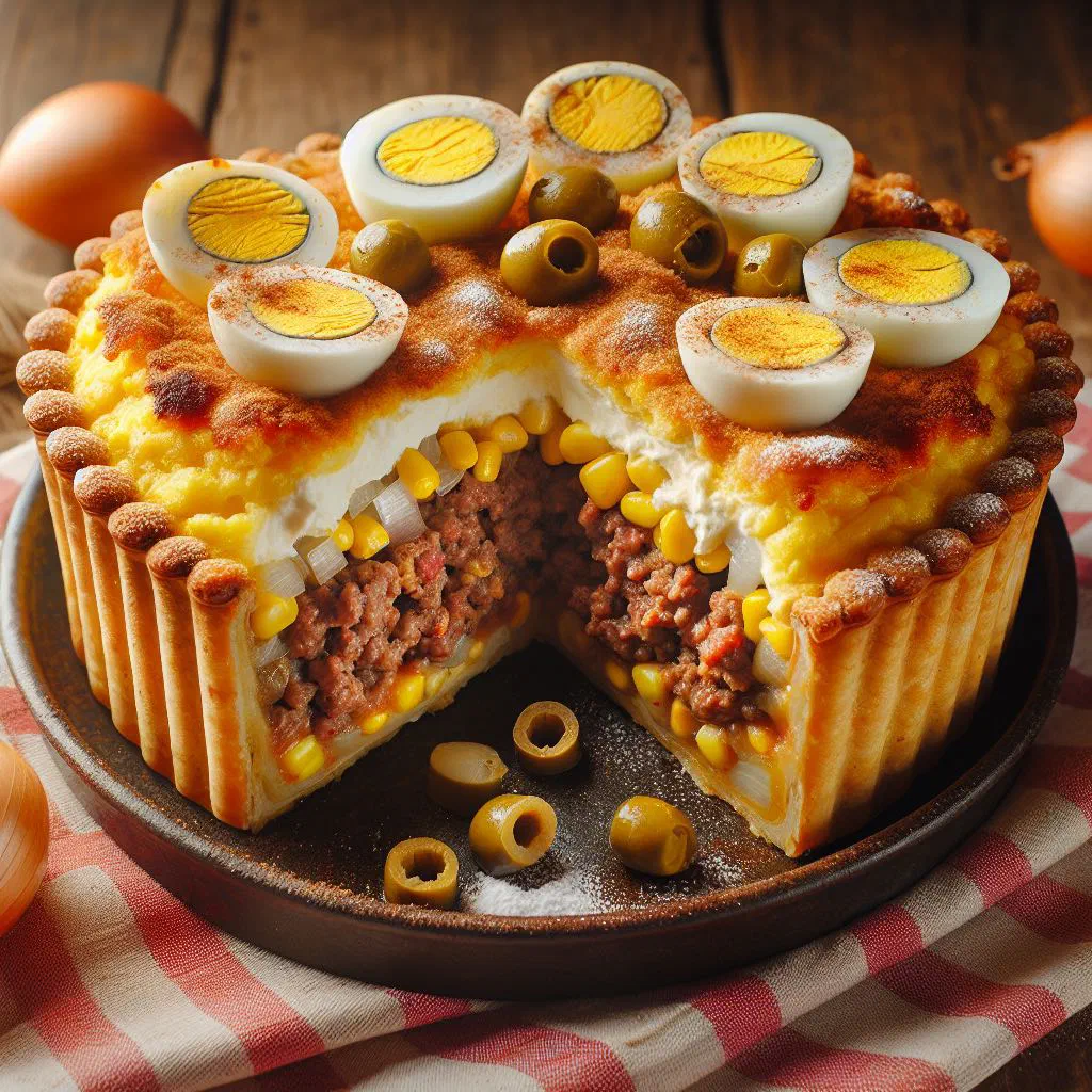Golden-baked Pastel de Choclo con Carne with a sweetcorn topping over spiced beef