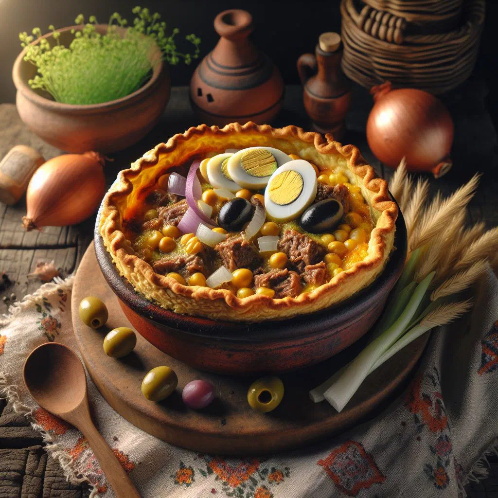 Golden baked pastel de choclo with a creamy sweetcorn topping in a dish