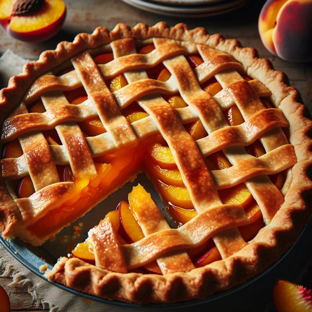 Uruguayan peach tart with golden pastry and glazed peach slices