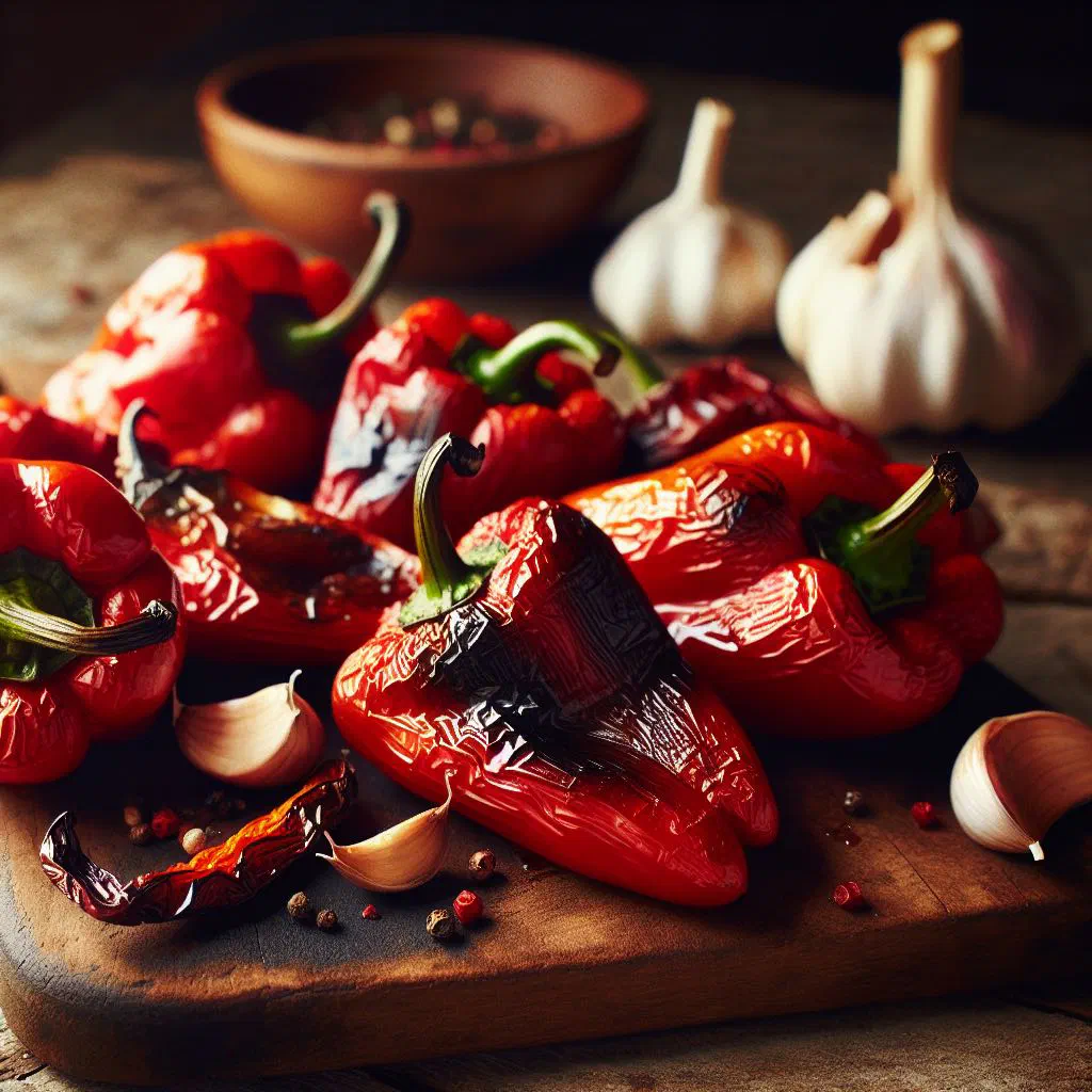 Roasted red peppers with garlic and parsley drizzled with olive oil