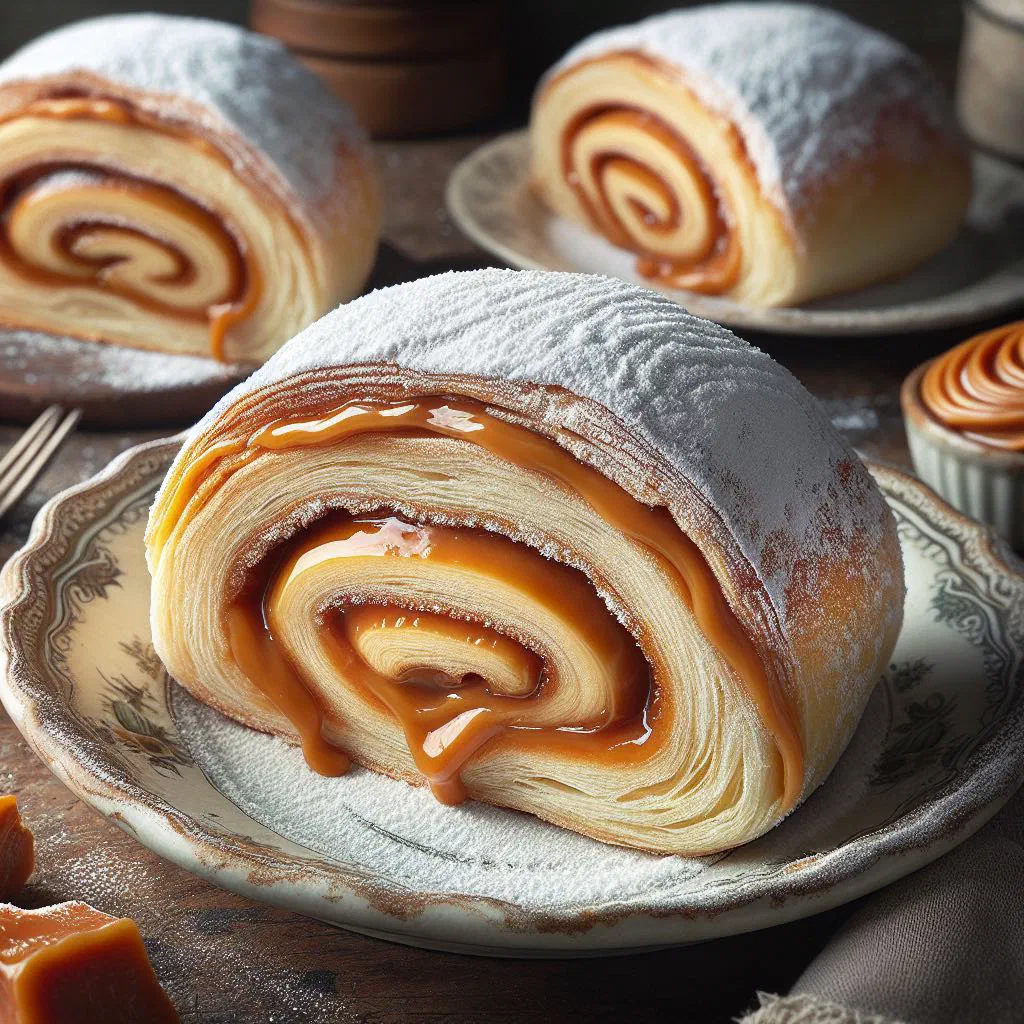 Slices of pionono swiss roll filled with creamy dulce de leche