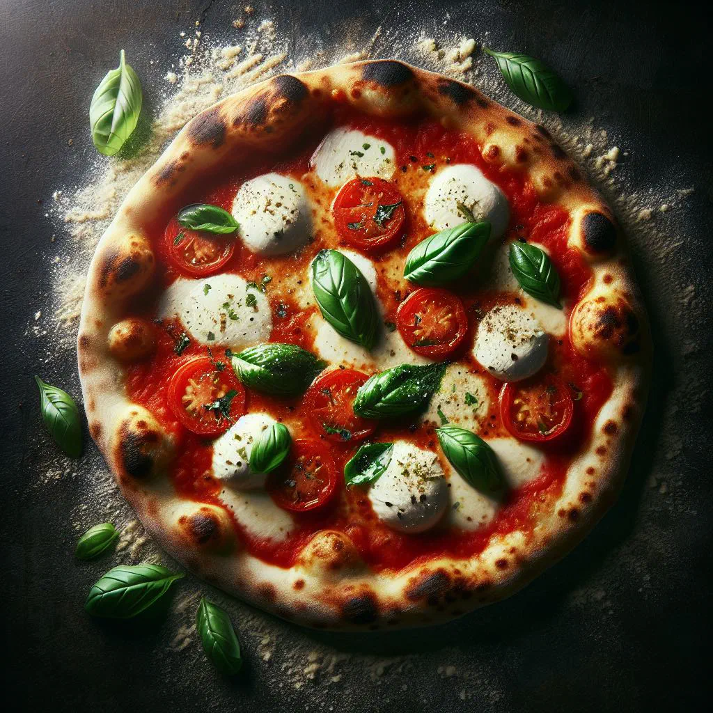 Pizza Margherita topped with melted mozzarella, tomato sauce and fresh basil