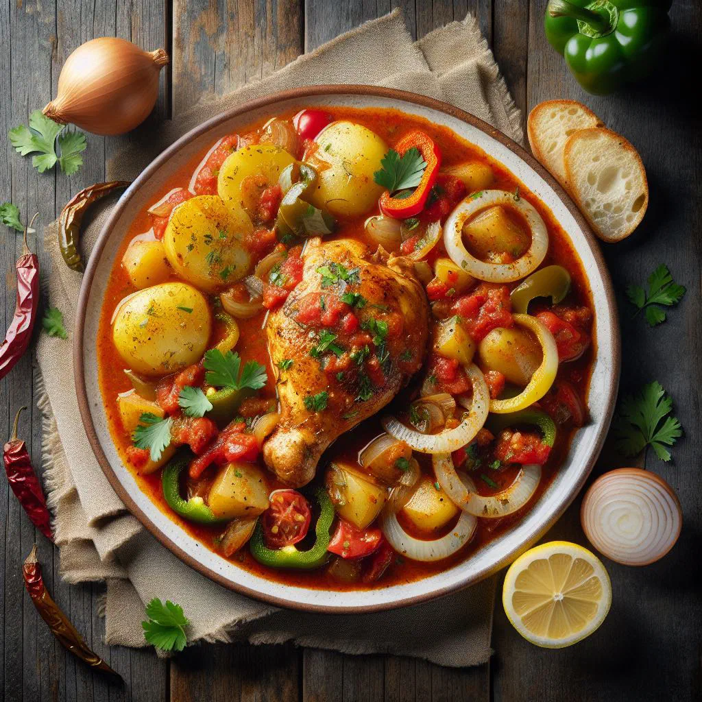 Braised chicken with peppers and carrots simmering in a pot