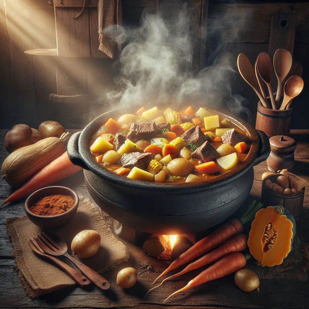 Hearty Uruguayan puchero criollo stew with beef, chicken and vegetables in a rustic bowl