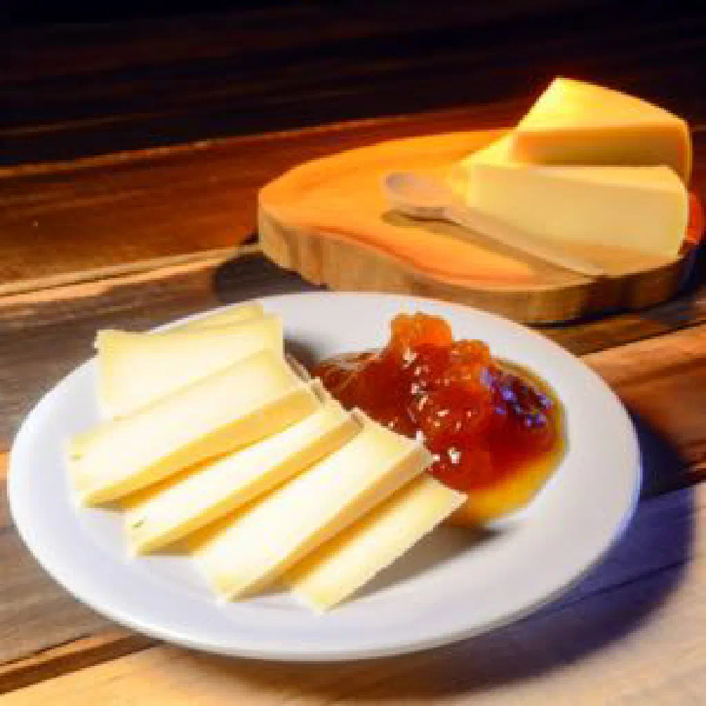 Slices of fresh white cheese paired with fruit preserve on a wooden board