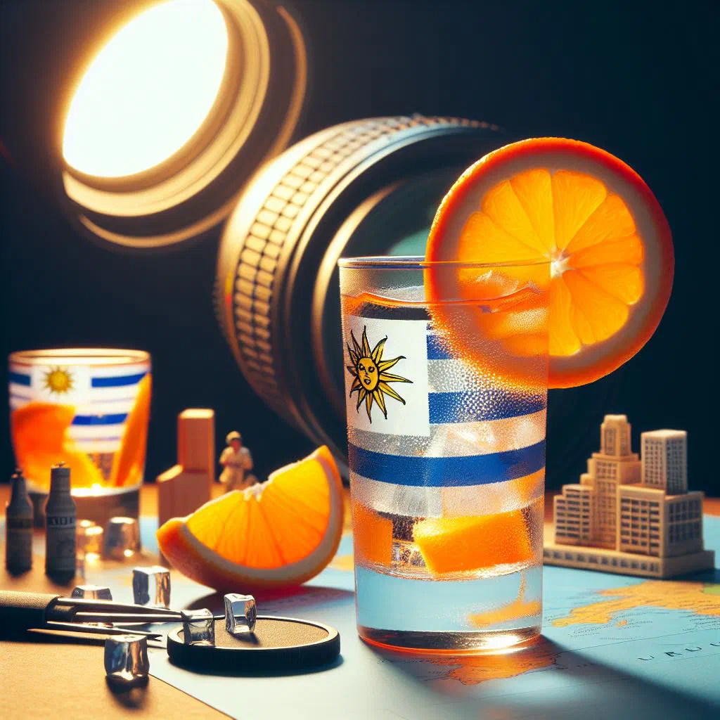 A glass of chilled Uruguayan orange refresher garnished with orange slices and mint