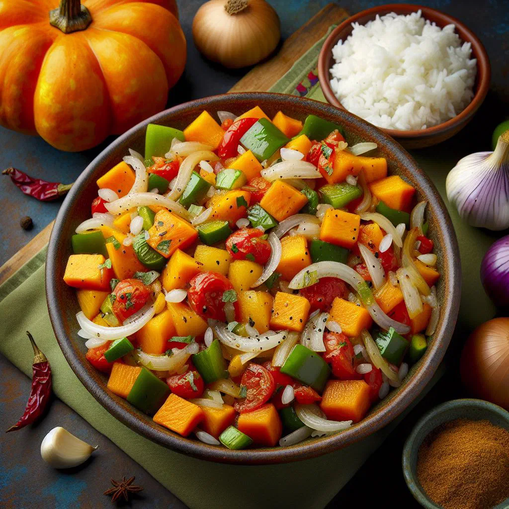 Revuelto de zapallo, a golden scramble of pumpkin and eggs garnished with fresh herbs