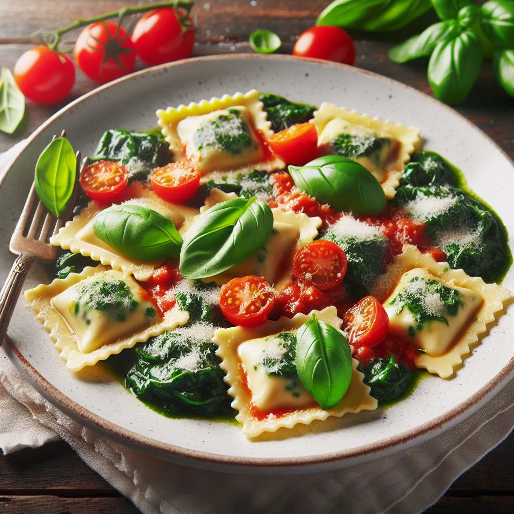 Ricotta and spinach ravioli served with melted butter and grated cheese