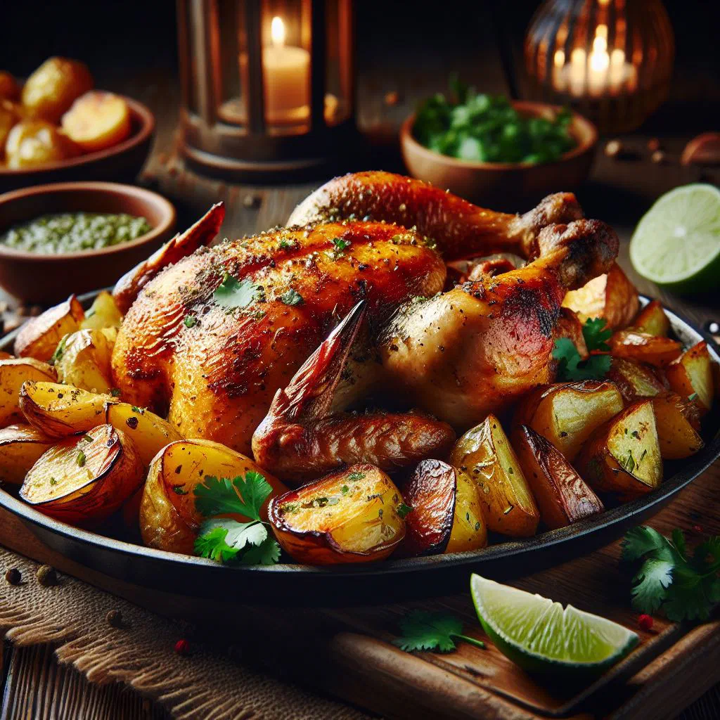 Golden roast chicken fillets baked over crisp potatoes in a dish