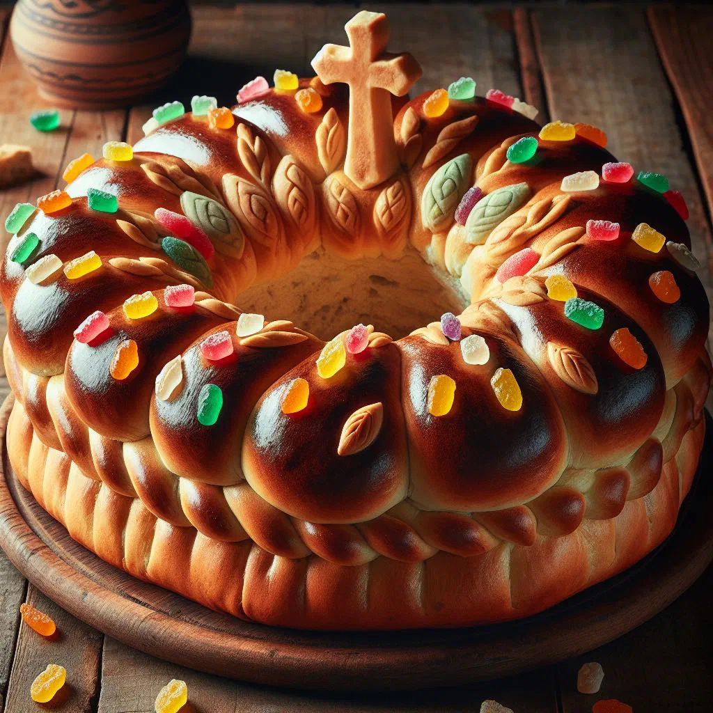 Oval Rosca de Pascua Easter bread studded with dried fruit and nuts