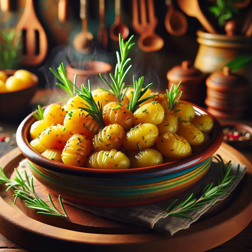 Golden roasted rosemary potatoes garnished with fresh rosemary sprigs