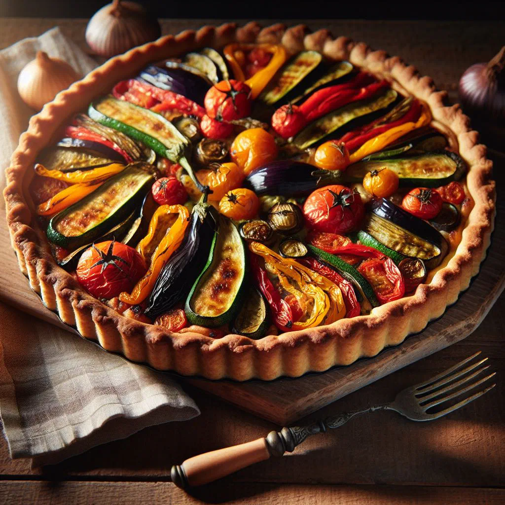 Golden rustic vegetable tart with folded pastry edges and a colourful vegetable filling