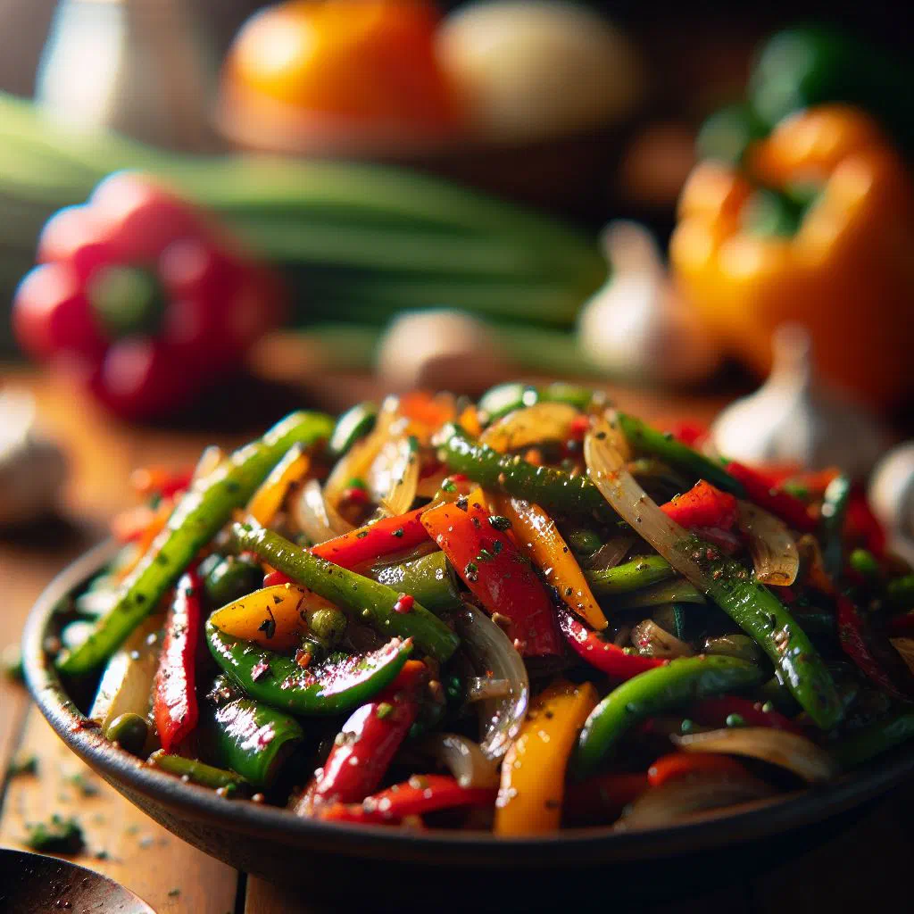 Colourful pan of sautéed vegetables with courgette, peppers and broccoli