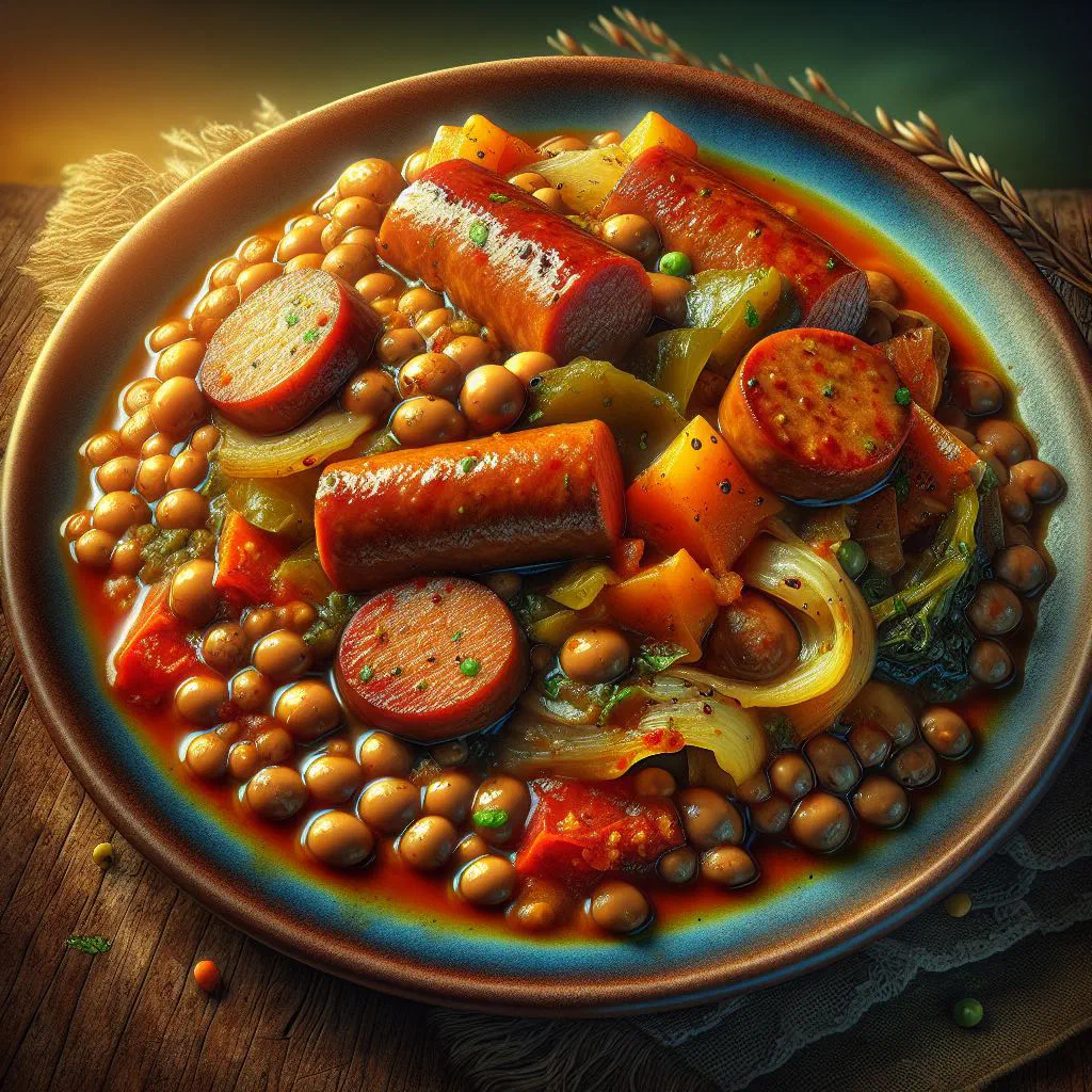 A bowl of stewed lentils with diced carrot, pepper and herbs